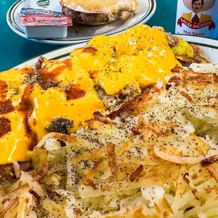 an omelet with cheese and onions