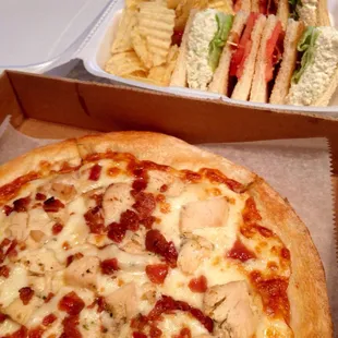 New York Pizza with a chicken salad club