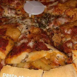 a pizza with a slice missing