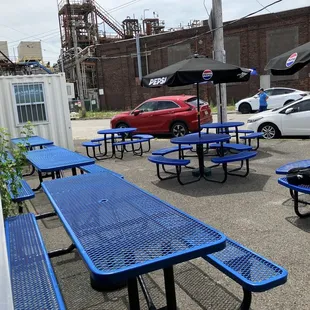 Outdoor seating with some umbrellas