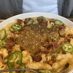 Mac and cheese with jalapeños and bacon