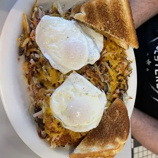 Gypsy Skillet with eggs over easy and buttered toast