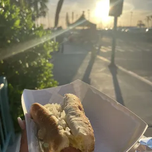 Hot dog with mustard and sauerkraut