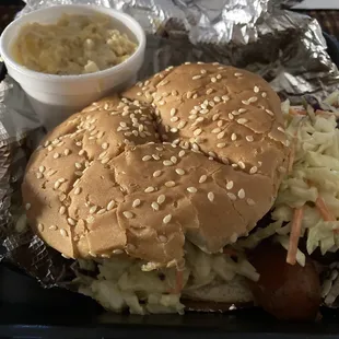 Loaded Link sandwich and side of Mac n cheese