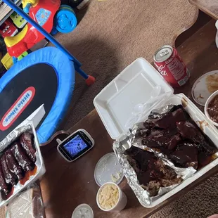 Ribs, Beans, Mac N Cheese, 3 Meat sampler (Chicken, pulled pork, Slivered Beef)