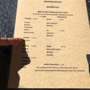 Pizza menu