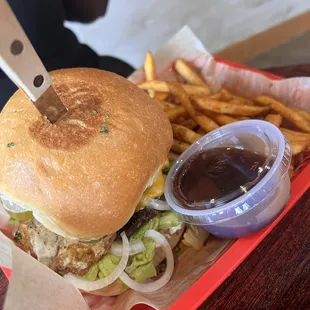 a chicken sandwich and french fries