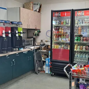 Drinks fridge and 4 icee machines (Cotton Candy, Fruit Punch, Grape, and Green Apple)