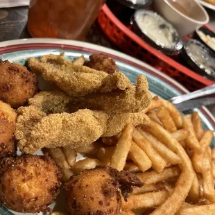 2-piece fish, fries, hush puppies, beans, slaw, green tomatoes!