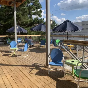 deck with chairs and umbrellas