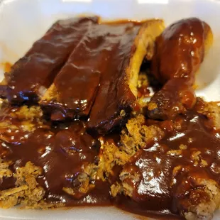 Sampler Platter meats - Chopped Pork, Chopped Brisket, Ribs,  Chicken.