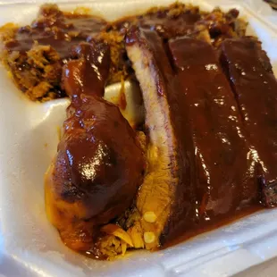 Sampler Platter meats - Chopped Pork, Chopped Brisket, Ribs,  Chicken.