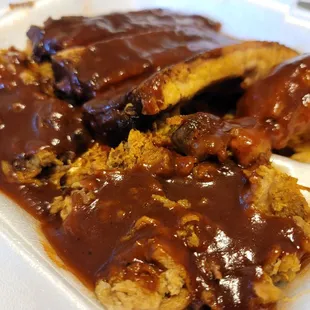 Sampler Platter meats - Chopped Pork, Chopped Brisket, Ribs,  Chicken.