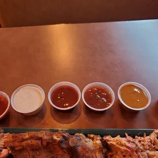 L to R: Papa's Sweet, Southern White, Medium, Granny's Vinegar, Carolina Mustard, Hot