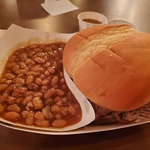 Brisket sandwich and beans