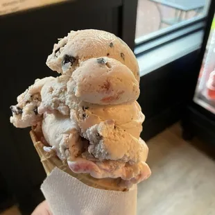 Cherry Cordial and White Chocolate Raspberry waffle cone.