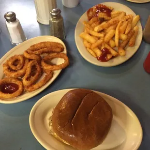 a burger and onion rings