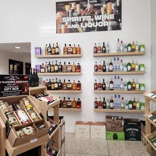 shelves of liquor and condiments