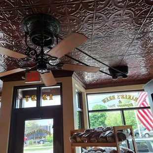 a ceiling fan in a restaurant