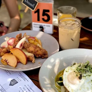 french toast with fried chicken, steak and eggs ratatouille