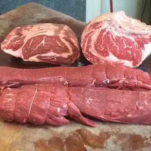 Boneless, bone in prime ribs. Beef tenderloins