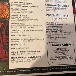 the menu of the restaurant