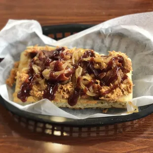 Bbq chicken bacon flat bread with caramelized onion