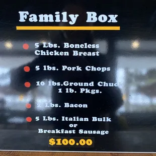 a menu for a family box