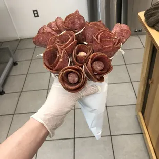 Bokay of flavored meat roses. $30 for a dozen, pre-order only