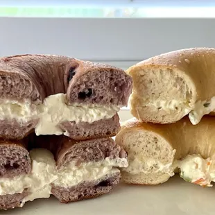 Blueberry Bagel with Plain Cream Cheese and Plain Bagel with Veggie Cream Cheese -