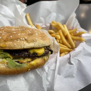 a hamburger and fries