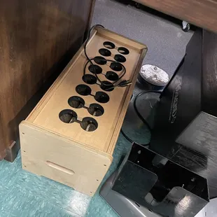 a pair of sunglasses in a wooden box