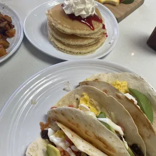 Three Strawberries & Cream Pancakes