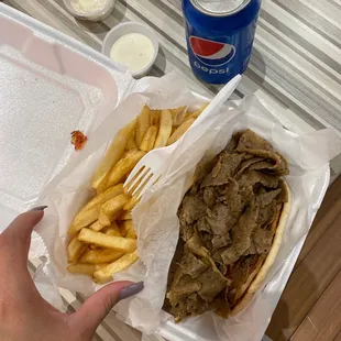 a person holding a tray of food