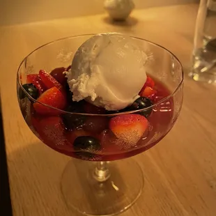 Red berry soup with coconut yogurt sorbet. Amazingly refreshing.