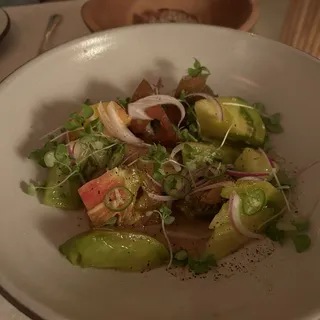 Heirloom Tomatoes and Basil, Shaved Red Onion, Sherry Vinaigrette