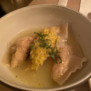 Peekytoe Crab Dumplings, Celeriac and Meyer Lemon Tea