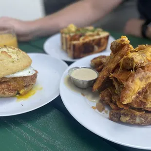 Fried Chicken Biscuit, Breakfast Sandwich, and loaded JoJos