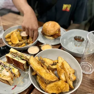 a table full of plates of food