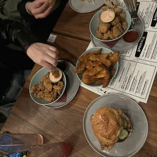 Spicy chicken sandwich, chicken sandwich, jojos and popcorn chicken