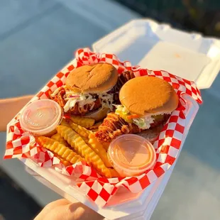 a hand holding a tray of food