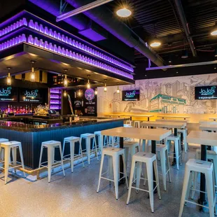 An intimate space lined with illuminated milk bottles, murals of iconic Detroit, high top seating, and a full bar. Seats 64, 80 standing.