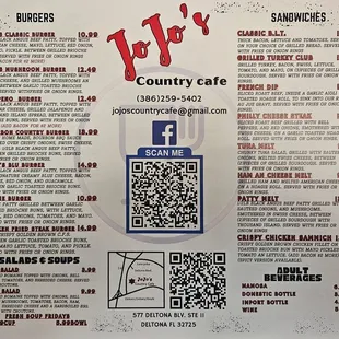 the menu for jojo's country cafe