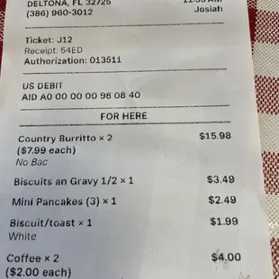 Our receipt with the prices.