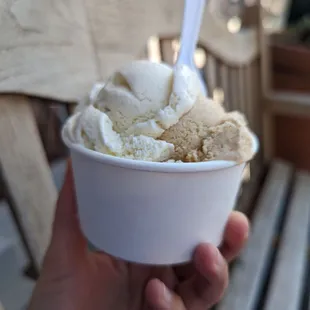 &quot;JoJo size&quot; with Cayenne Sea Salt Caramel Ice Cream (GF) and Butter Rum Pecan Ice Cream (GF)