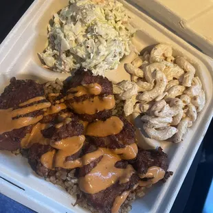 #3 fried chicken with fried rice, Mac salad and coleslaw