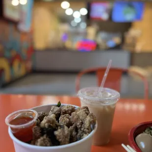 Popcorn Chicken large n passion fruit milk tea 2.20.25