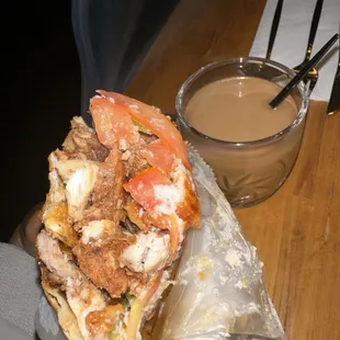 Chicken Shawarma Sandwich and Turkish Coffee with cream and sugar