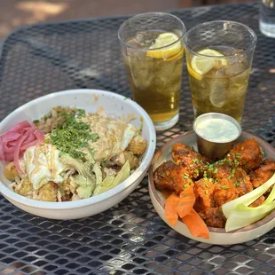 Mint Iced tea, Tallboy tots, Buffalo cauliflower wings