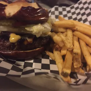 Bacon cheese burger and fries